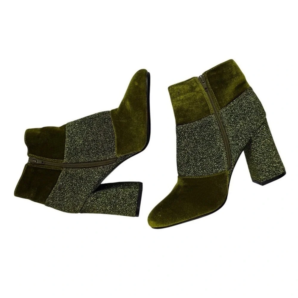 Yoki Womens Olive Green‎ Velvet and Glitter Block Heel Ankle Boots Side Zip